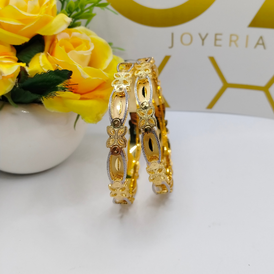 Tokyo Double CNC Gold Bangles with Floral and Leaf Design